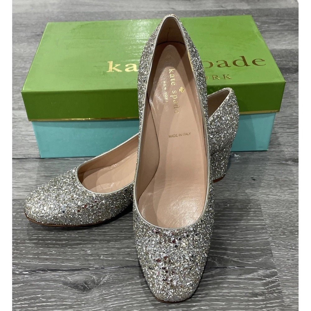 Kate Spade Dolores Silver/Gold‎ Glitter Block Heel Pumps Women's Sz 7 M NWT - Picture 4 of 9